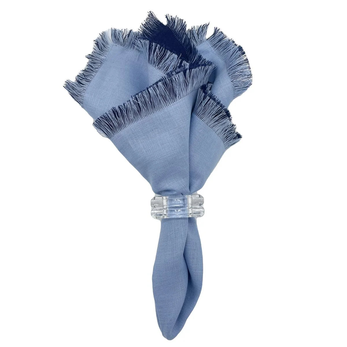 Linen Sapphire cool blue napkin with fringe on white background