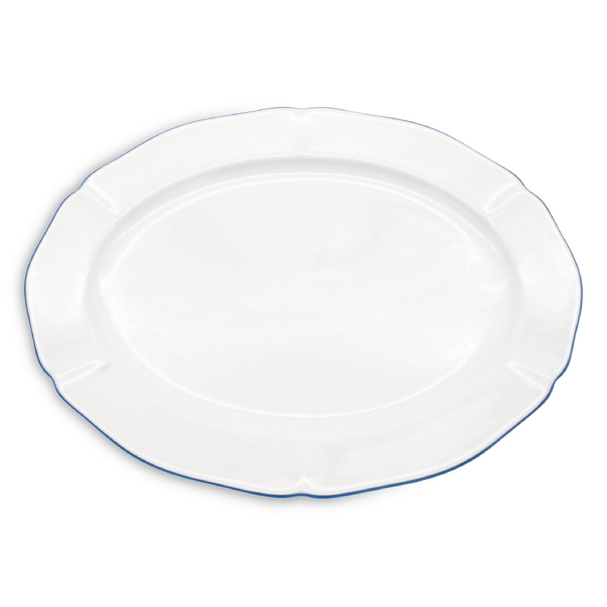 White serving platter with blue rim on white background