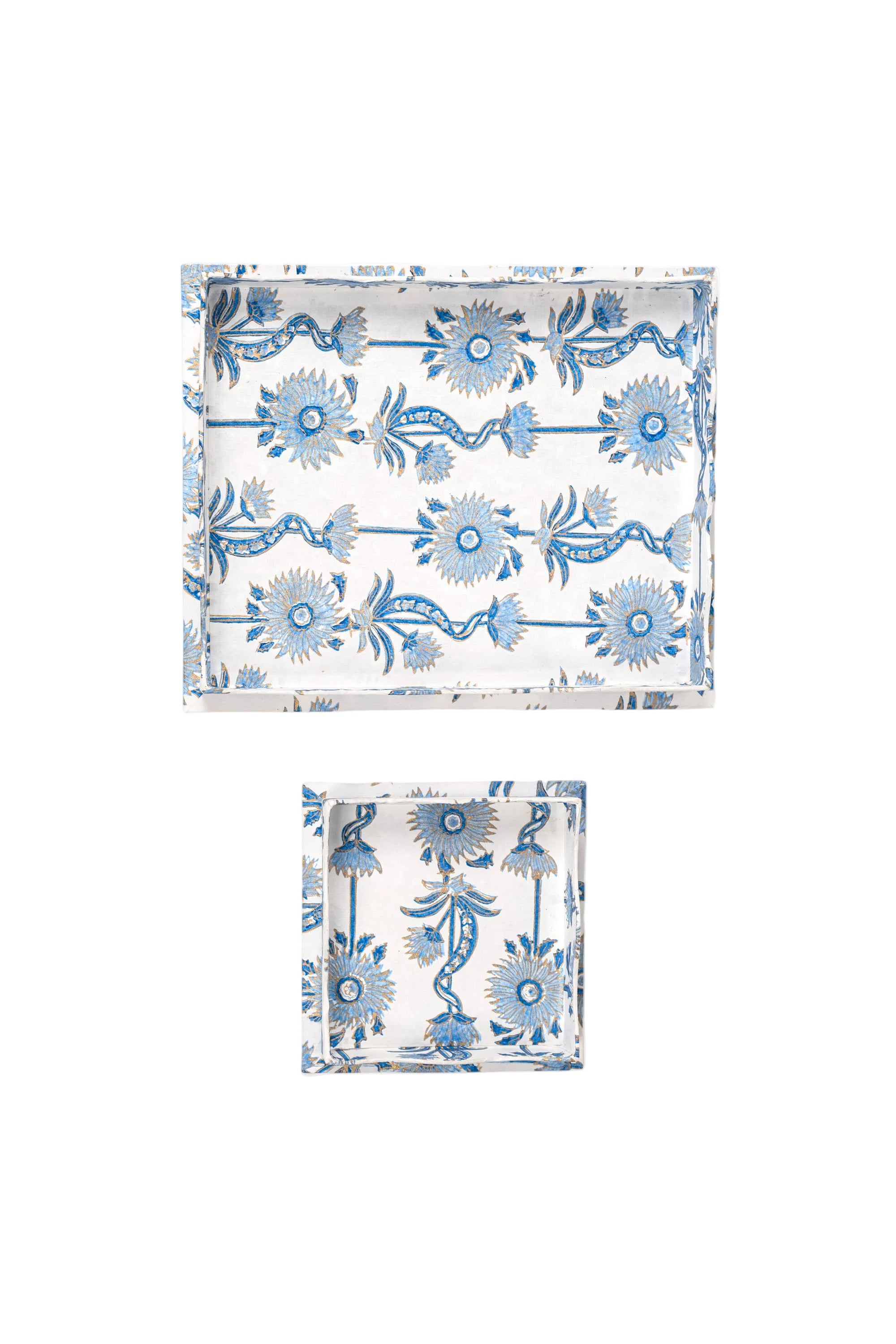 Nesting Scalloped Floral Vines Blockprint Trays - Set of 2