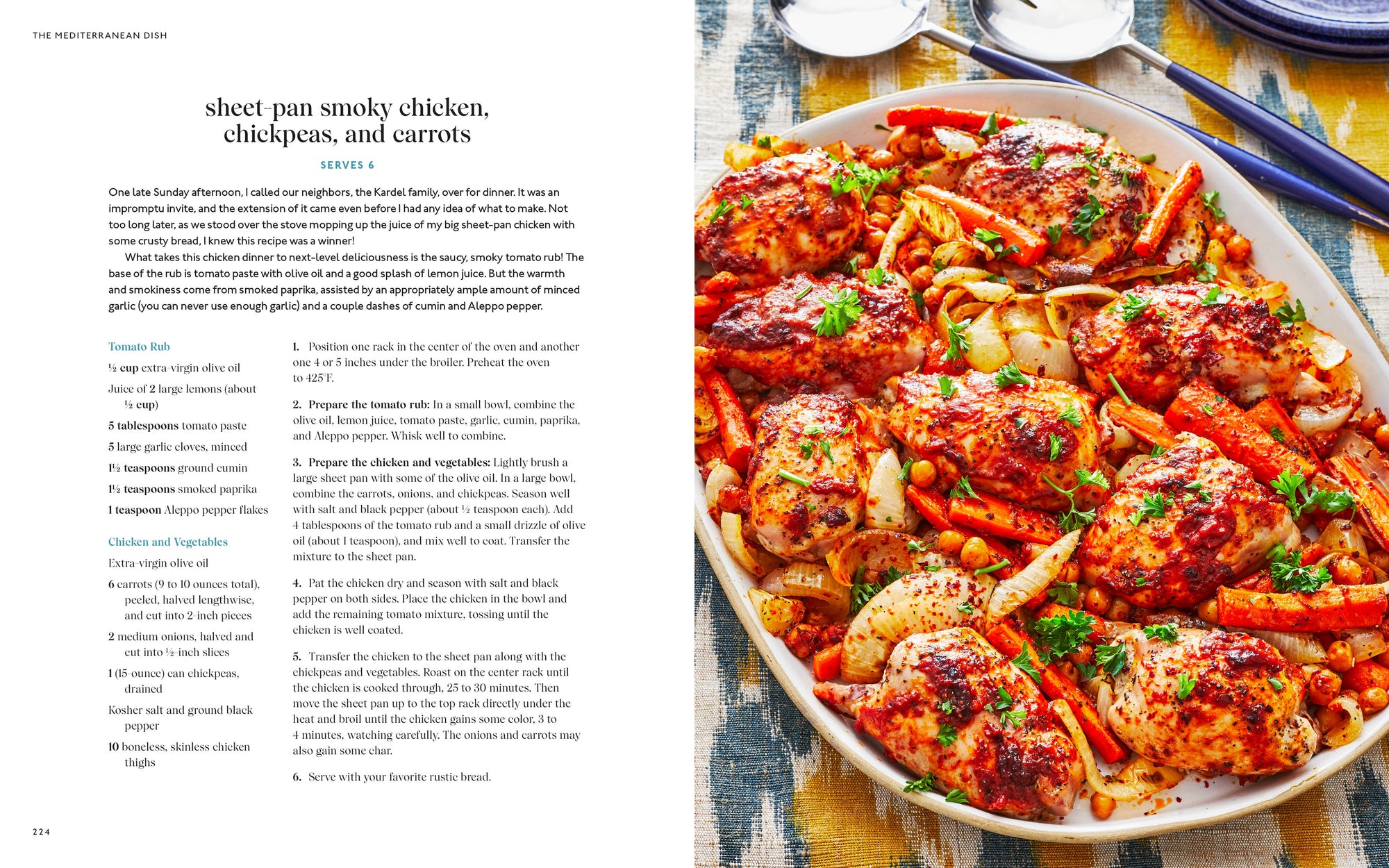 Recipe for sheet pan smoky chicken, chickpeas, and carrots with picture of dish