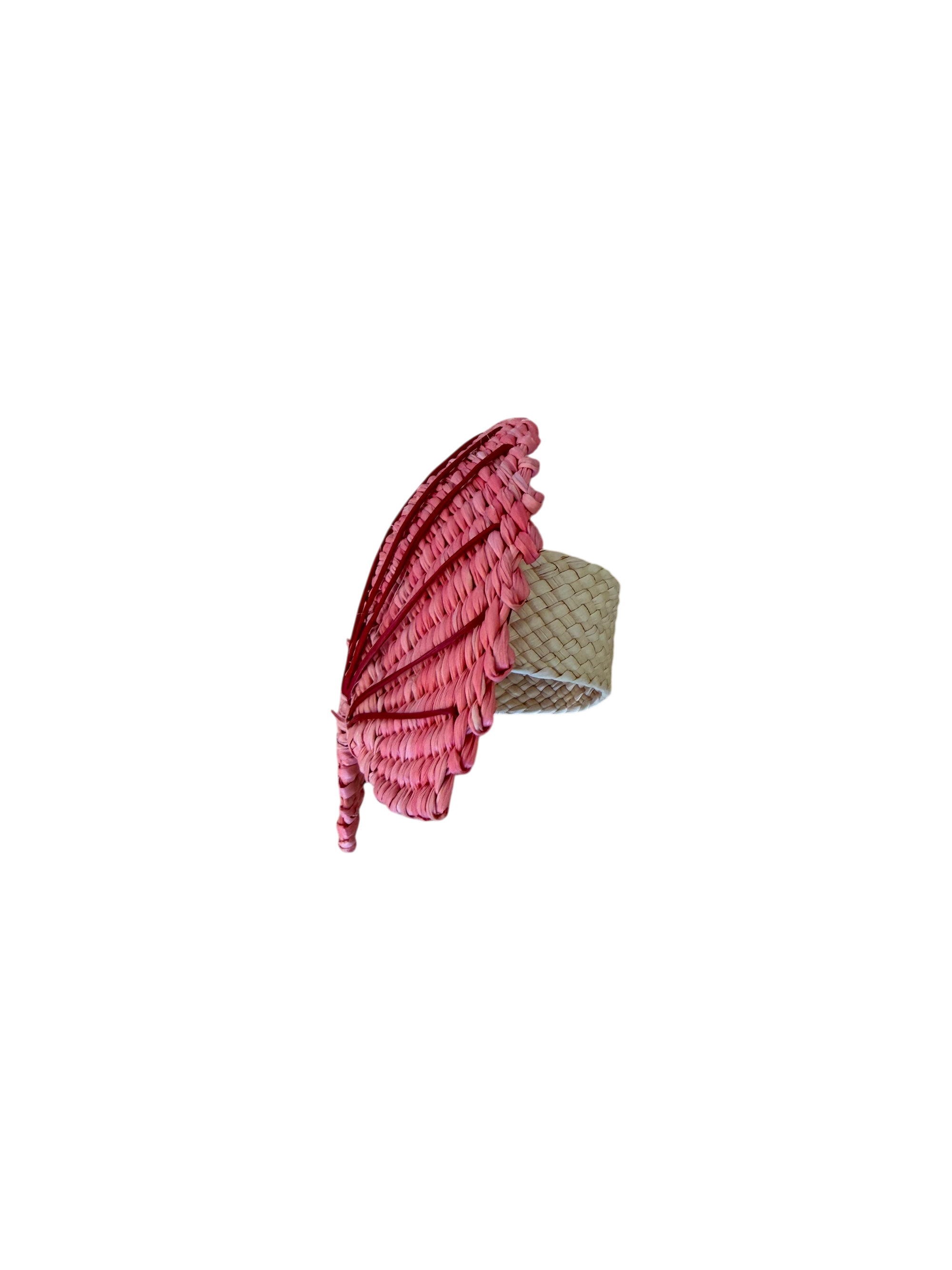 A single wing-shaped accessory with layered pink and red textured sections attached to a beige woven band, shown on a plain white background.