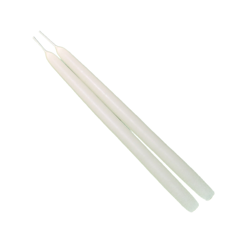 10 inch shell white taper candles on white background