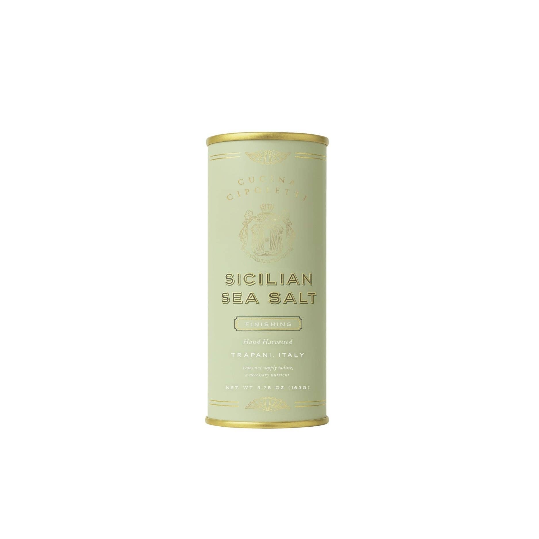 Canister of Sicilian Sea Salt on a white background