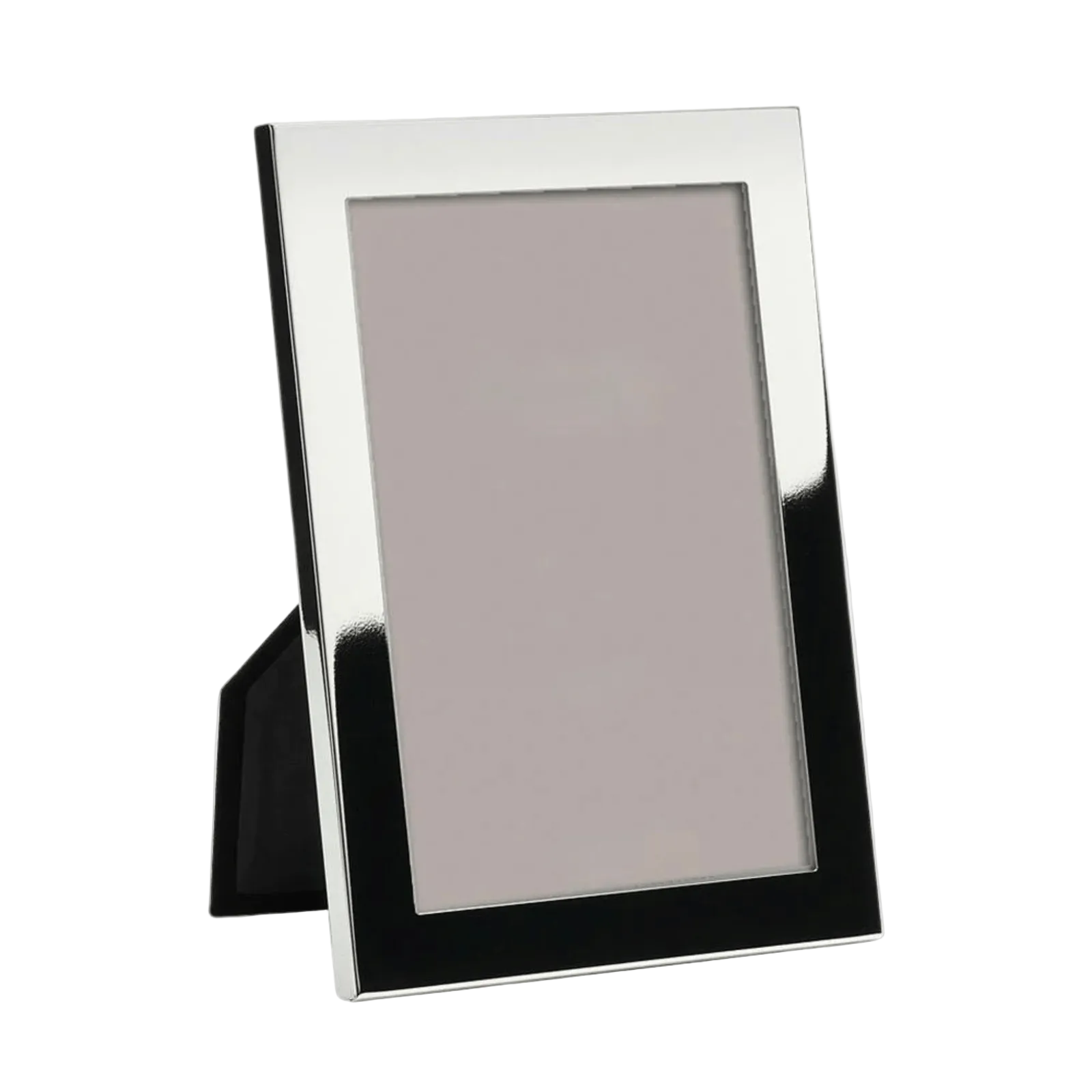A silver plated picture frame with a polished finish and squared corners, standing on a black velvet backing. It is displayed in a portrait orientation.
