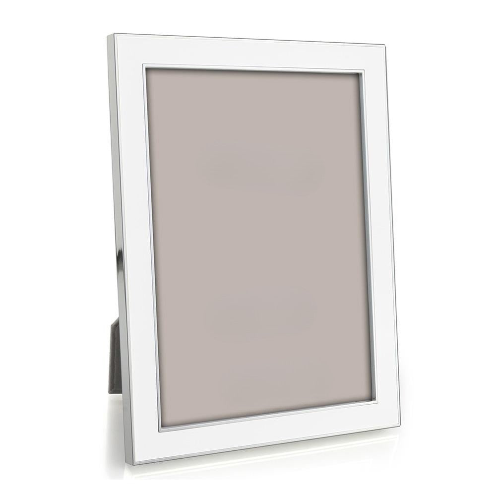 White enamel picture frame with silver trim on white background 