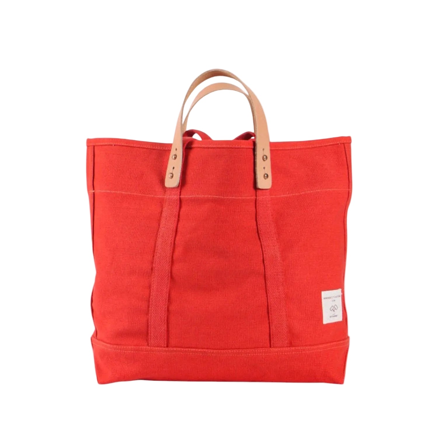 Red tote bag with brown handles on a white background