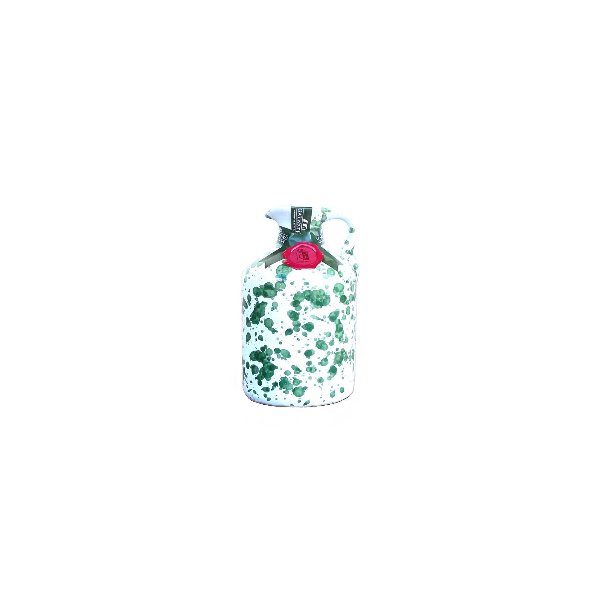 Small green splatter ceramic bottle of olive oil with cork top on white background 