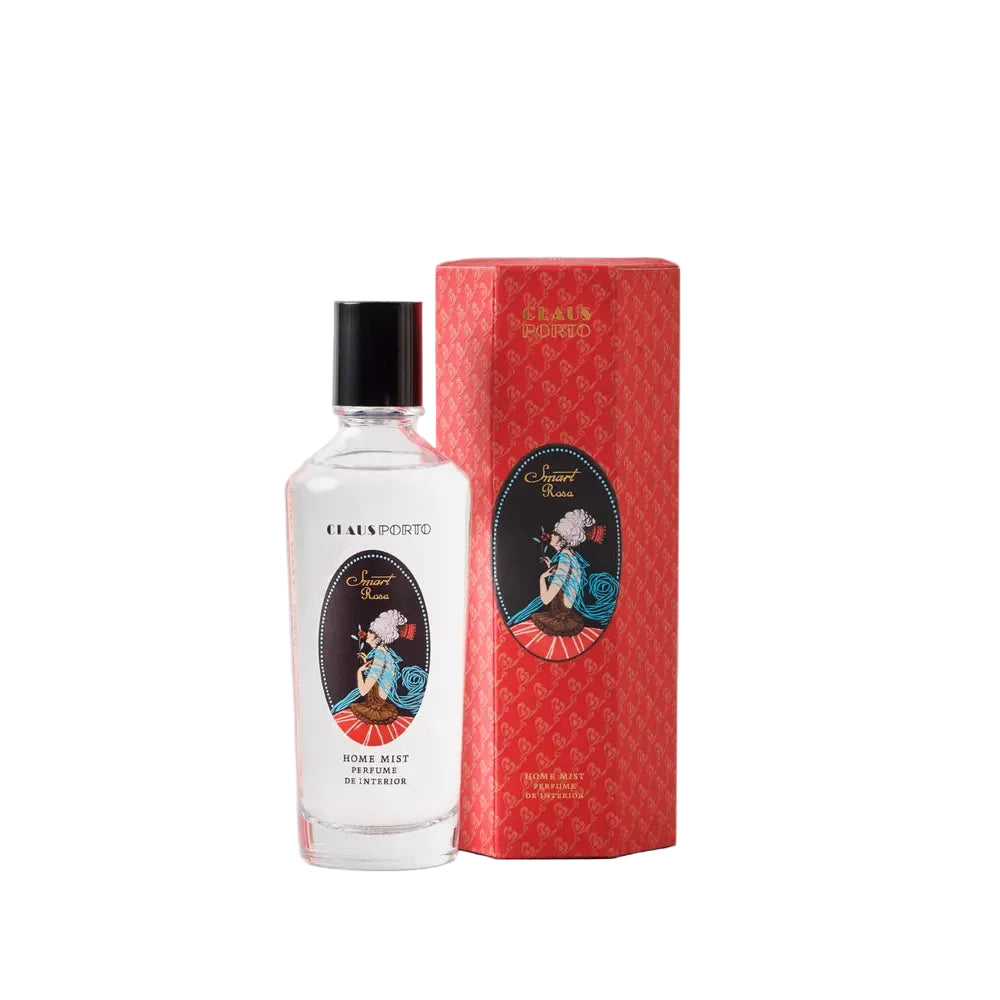 White bottle with black cap and red box featuring decorative design on a gray background