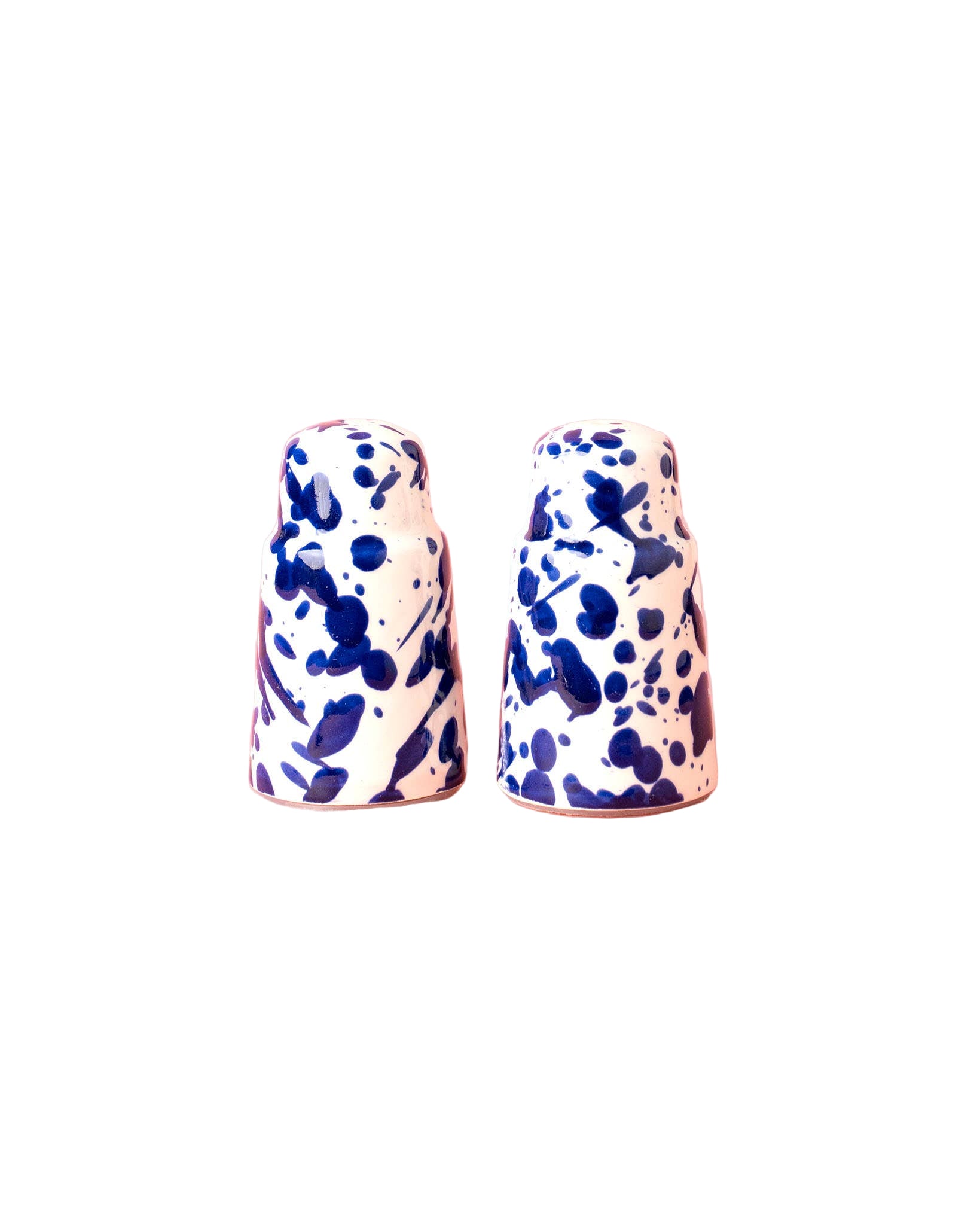 Two blue splatterware salt and pepper shakers 