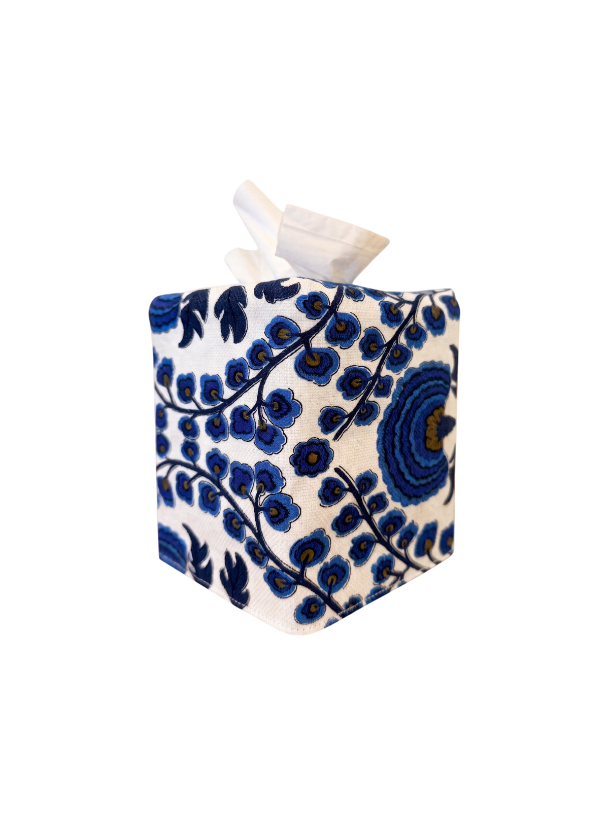 A square tissue box cover with a white base and a blue floral vine pattern, shown on a plain white background with white tissues visible at the top.