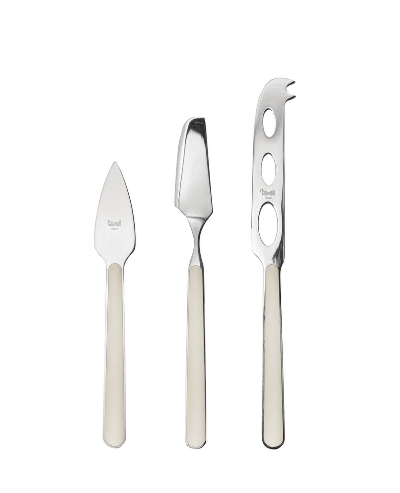 Stainless steel cheese knife set in Turtle Dove 3 pieces on white background 
