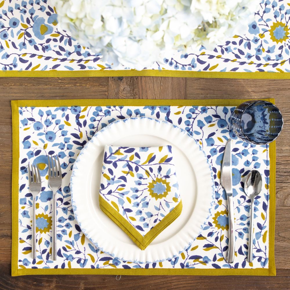 Table setting with Starflower Blue Ochre placemats