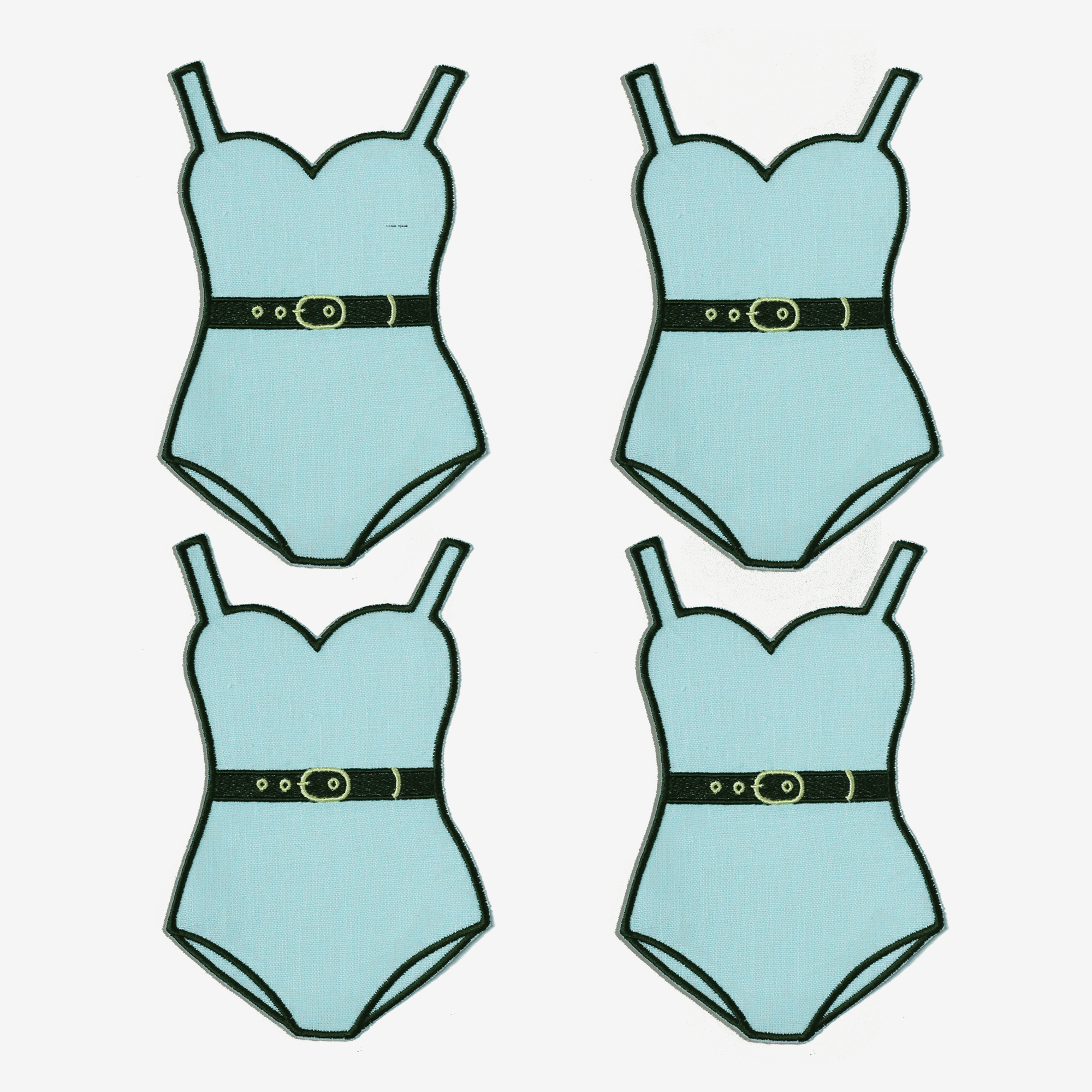 Set of 4 blue swim suit cocktail napkins with belts on white background 