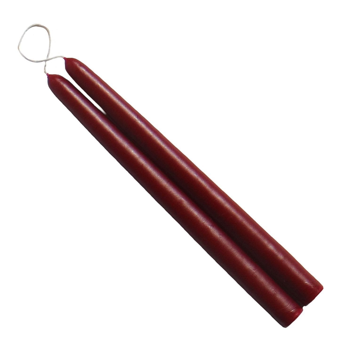 Two 10 inch Burgundy Red taper candles on white background 