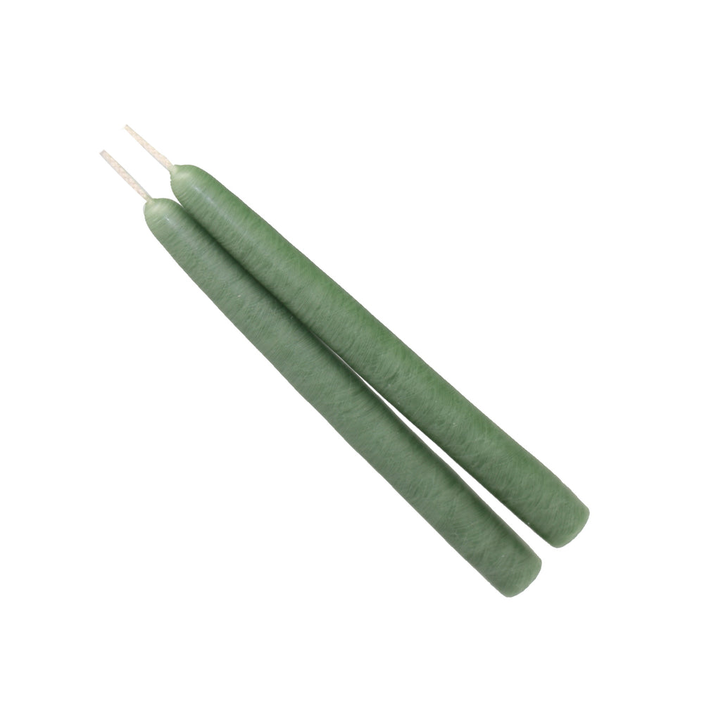 Two Colonial Green taper candles on white background 