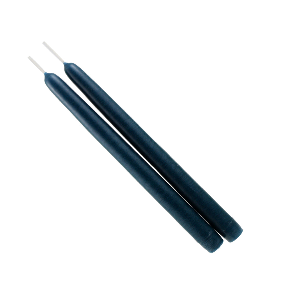 2 Williamsburg Blue 10 inch taper candles on white background 