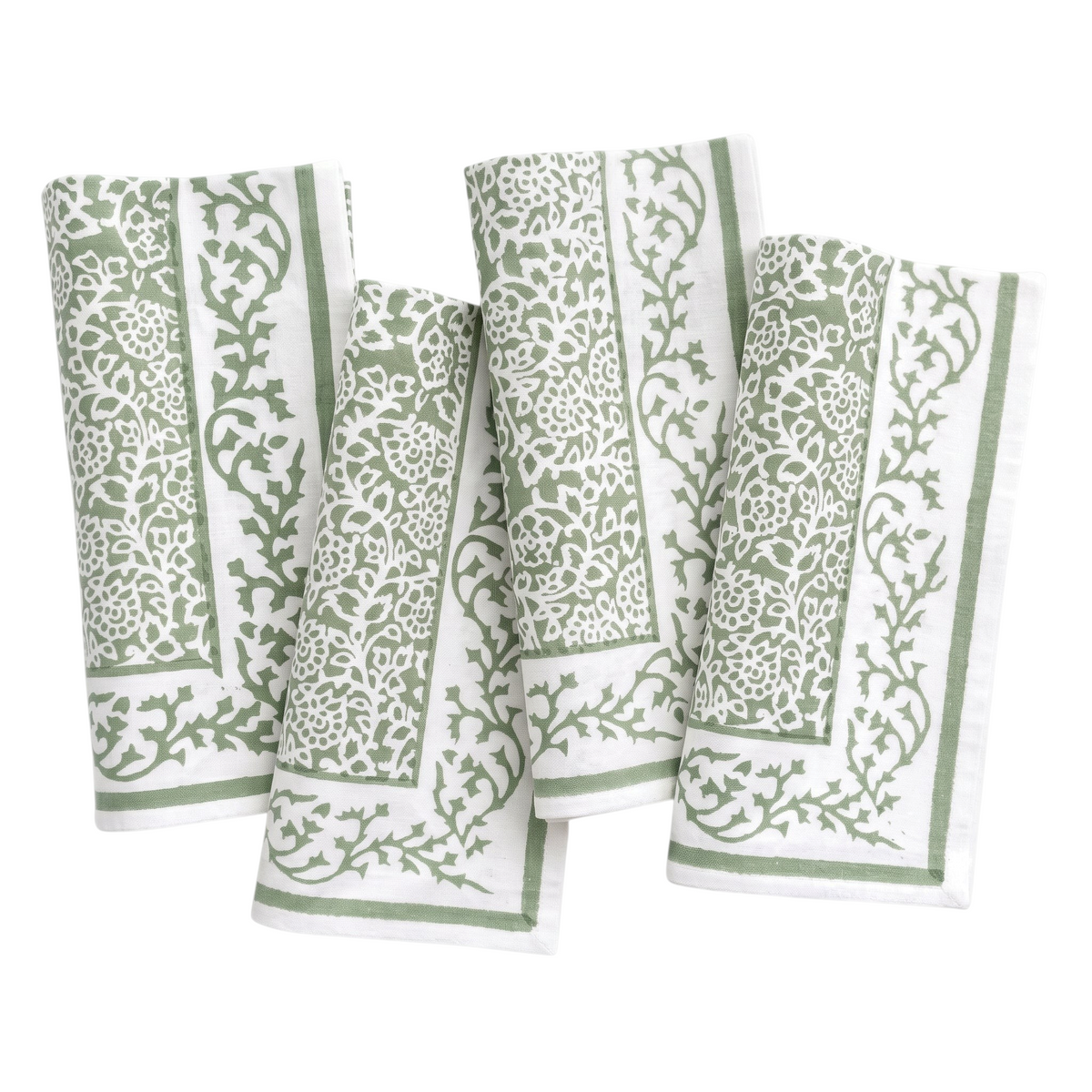 Four folded white cotton napkins with a sage green floral and vine pattern, arranged on a plain white background.