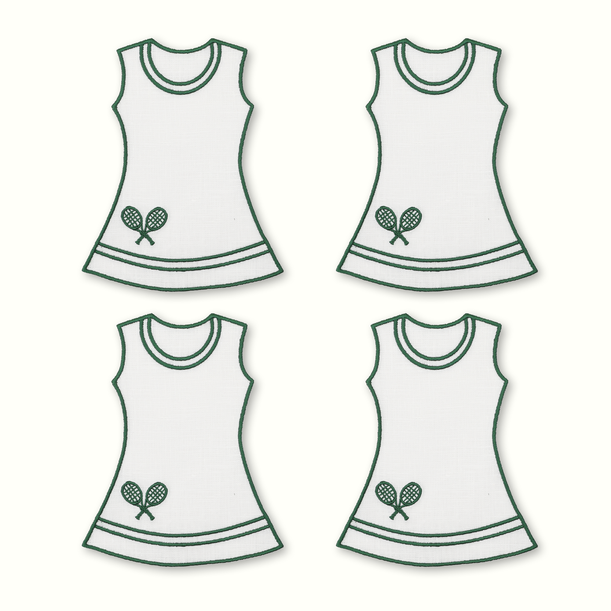 Set of 4 white tennis dress cocktail napkins with green edging detail on white background 