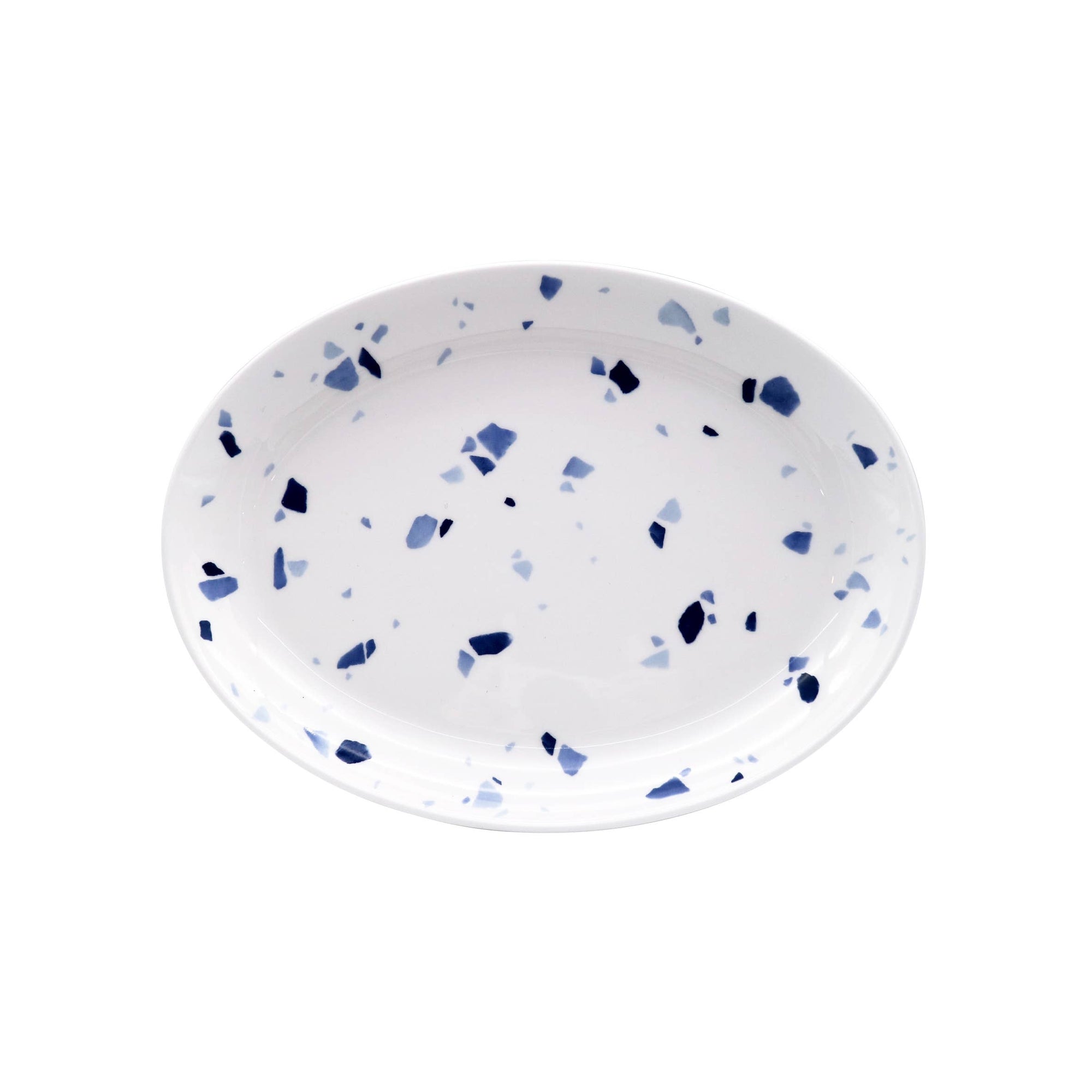 white platter with blue flecks on white background 
