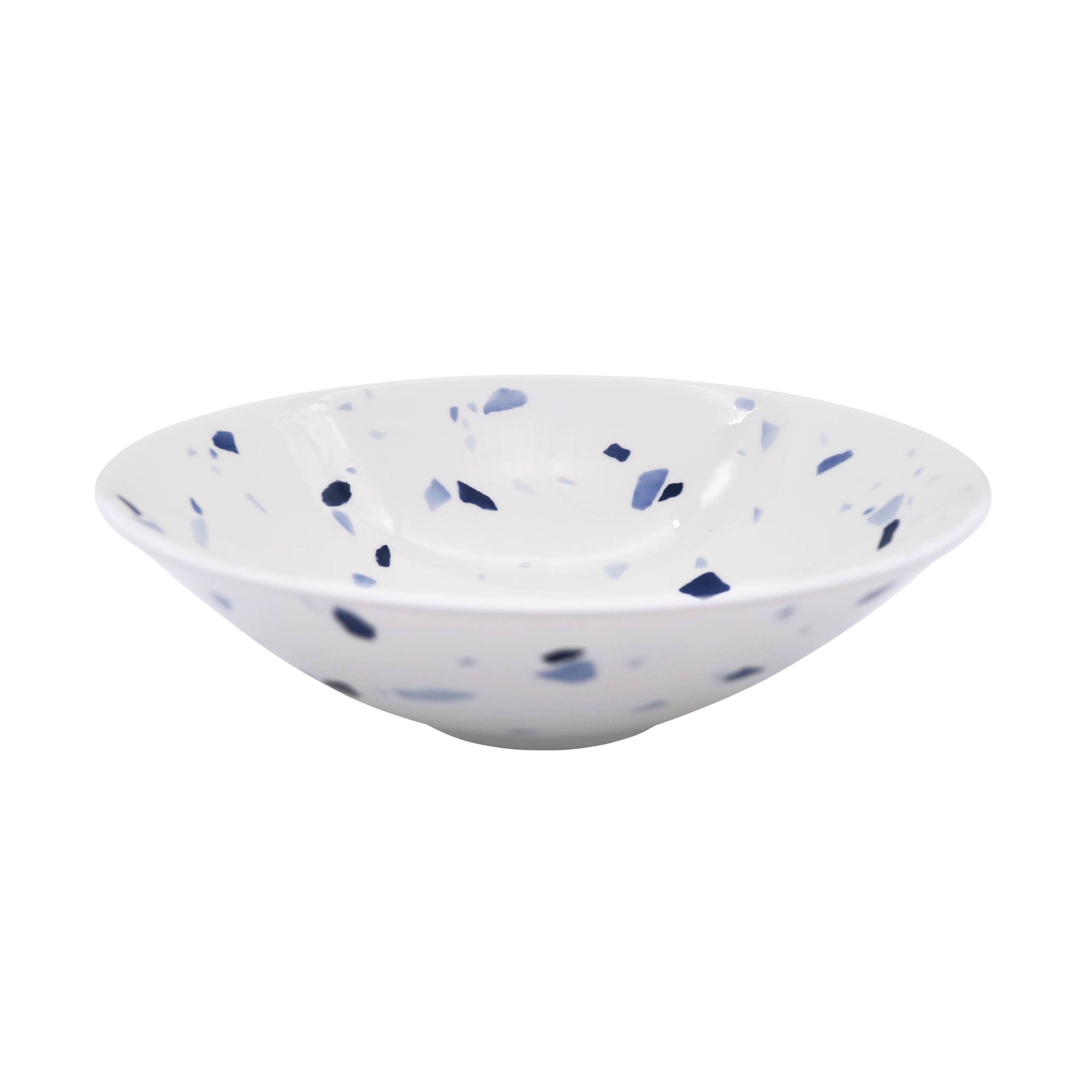 Serving bowl white with blue flecks on white background 