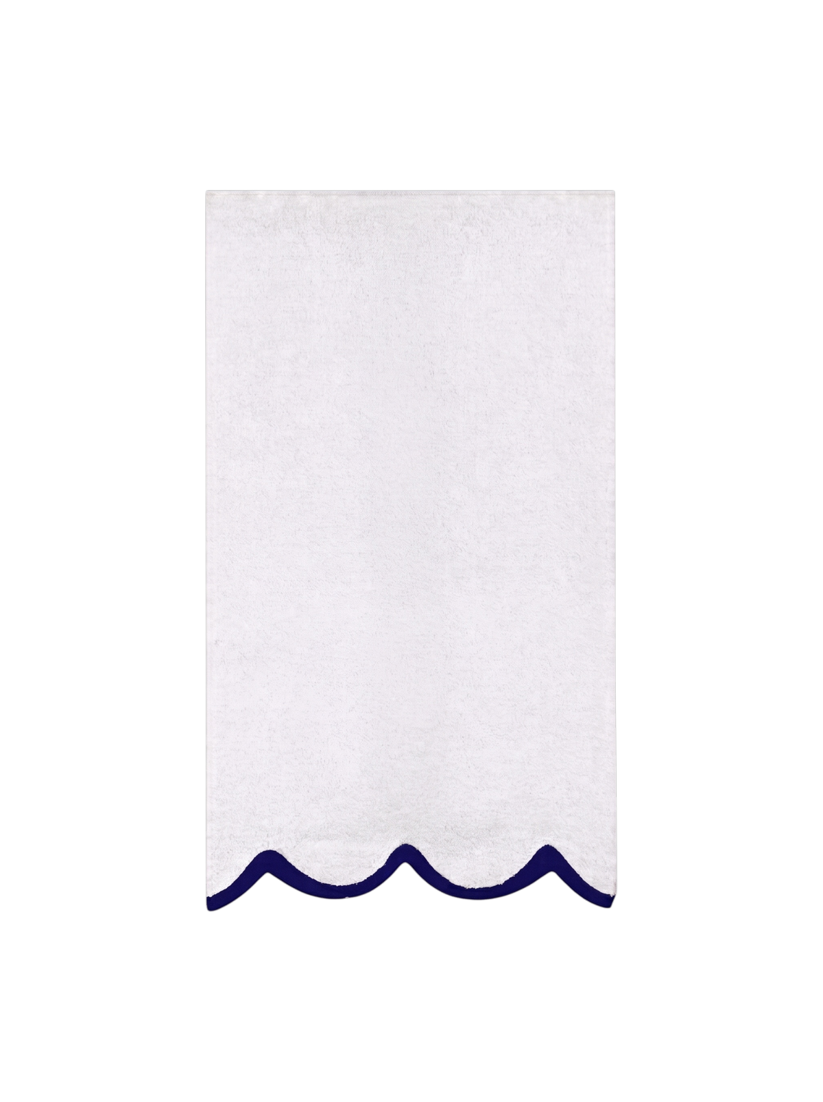 A white rectangular towel with a scalloped navy blue border along the bottom edge, shown flat against a solid white background.