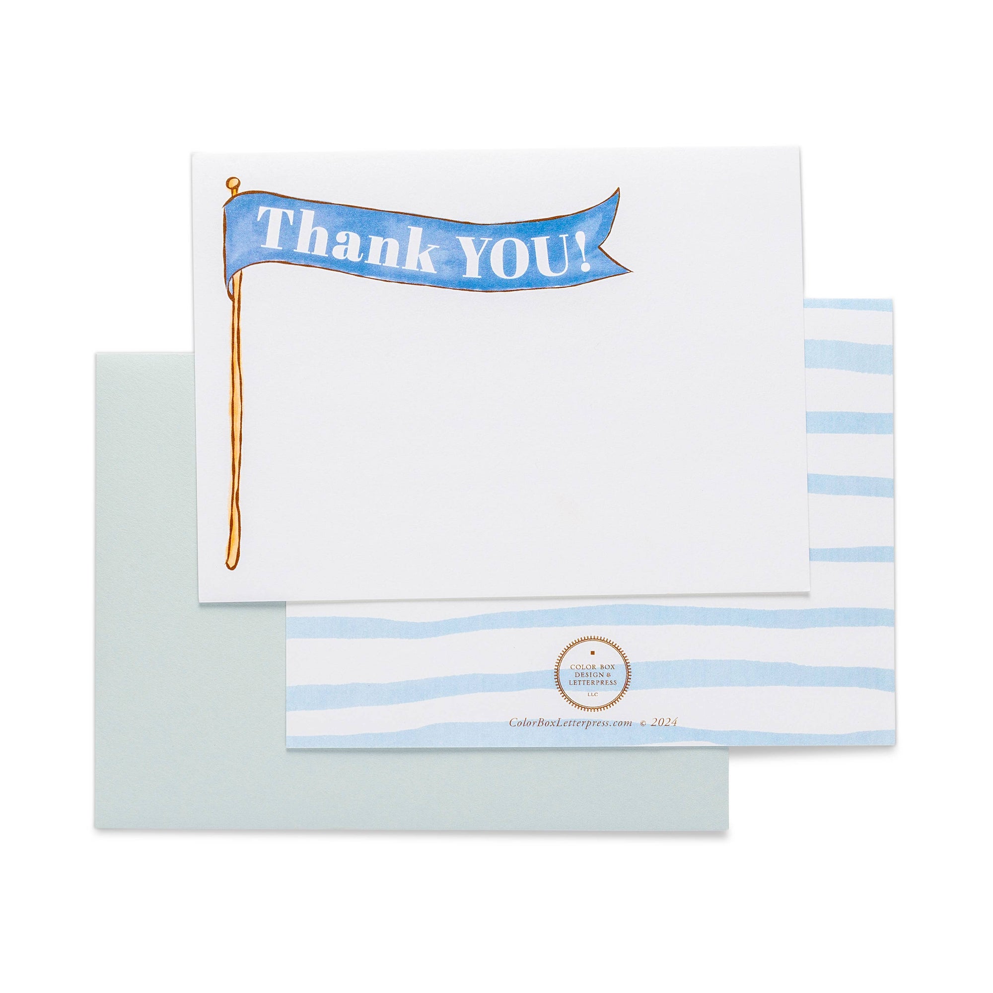 Box of thank you note cards with blue flag that says Thank you and striped back with envelope 