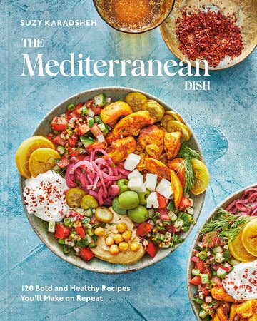 Cover of The Mediterranean Dish cookbook by Suzy Karadsheh with mediterranean bowl on cover with blue background 