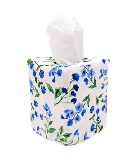 Tissue box cover with blue floral design on a white background