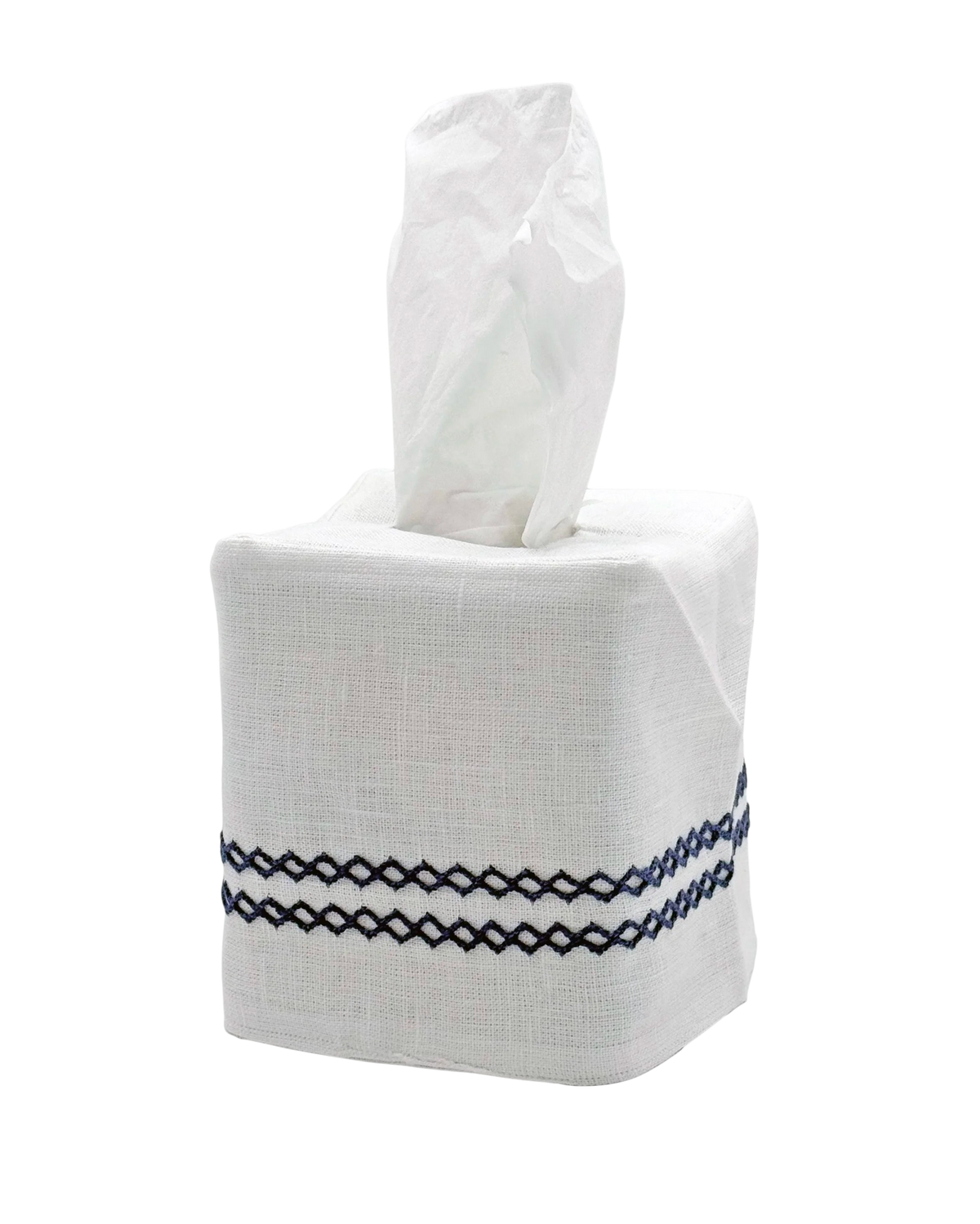 Tissue box cover in soldier blue picot ribbon 