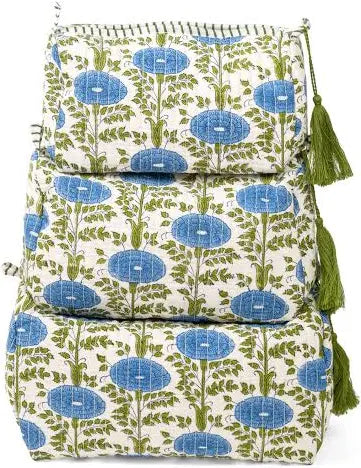 Small, Medium and large toiletry bags in block print quilted floral design with green tassel zipper 