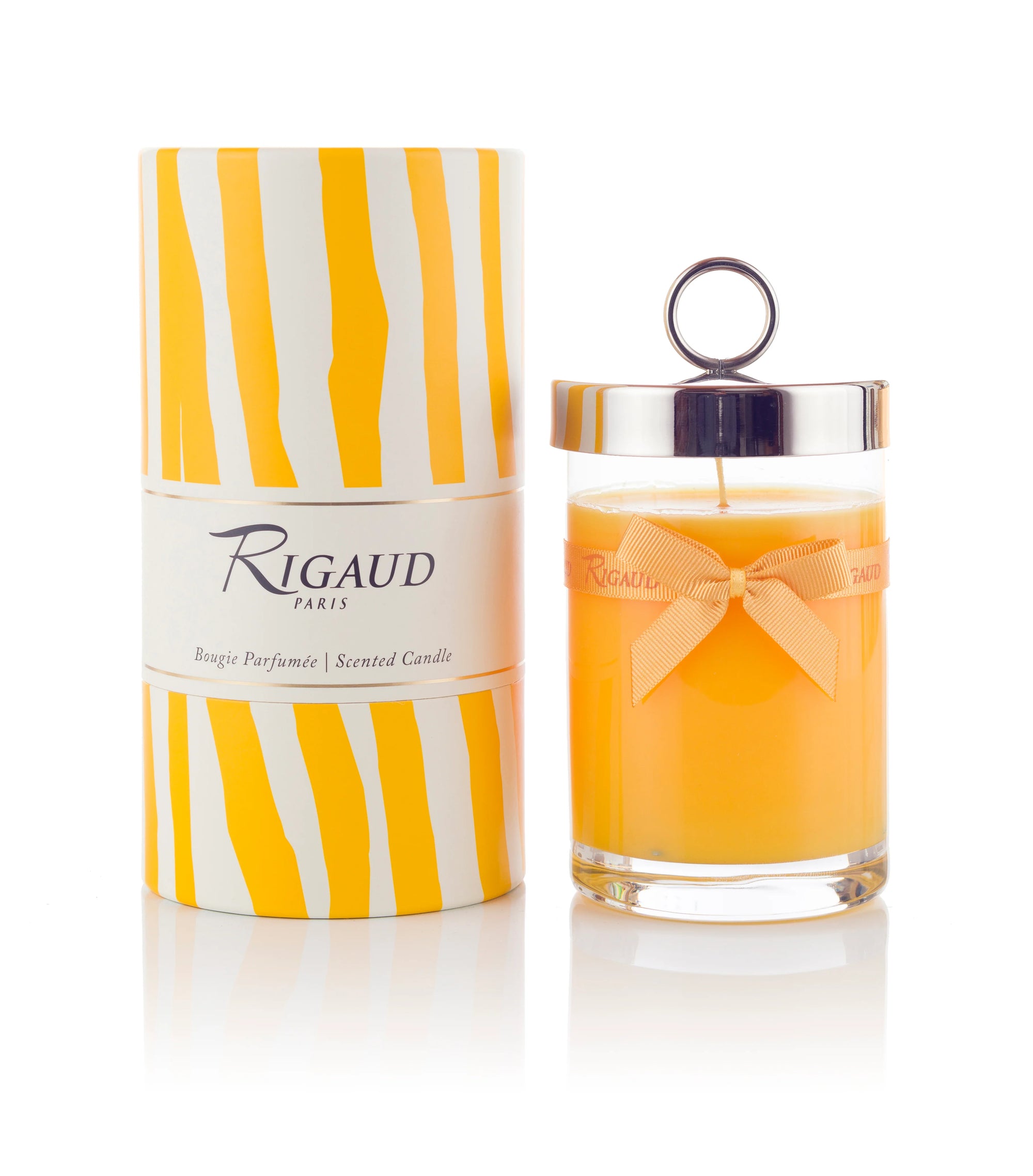 Rigaud Paris candle with striped packaging on a white background