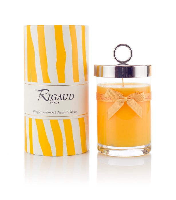 Rigaud Paris candle with striped packaging on a white background