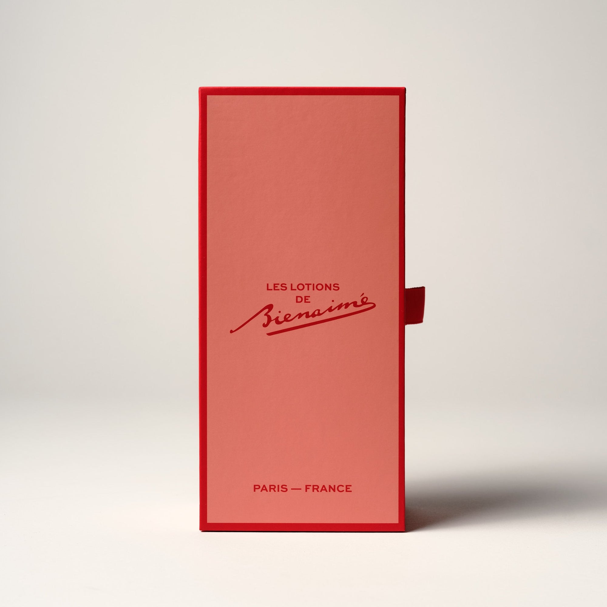 Red packaging with text on a light gray background