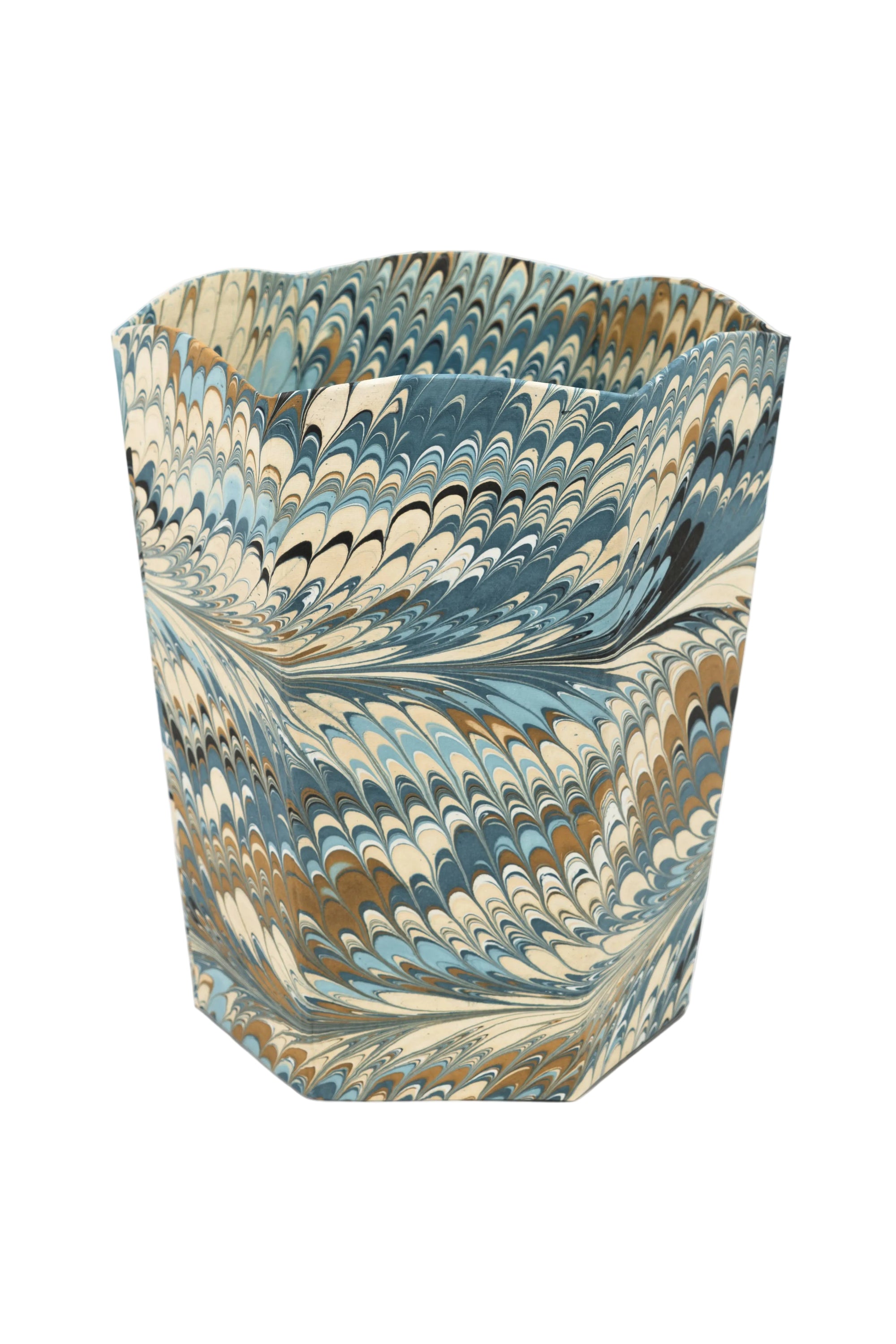 Hand-Marbled Scallop Waste Bin - in Nila Feathers
