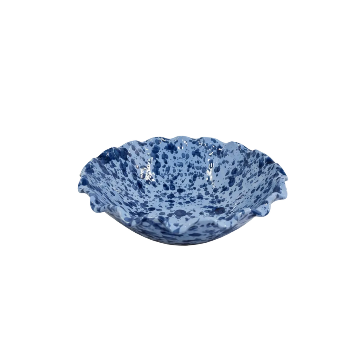 Blue ceramic bowl with a speckled pattern on a white background