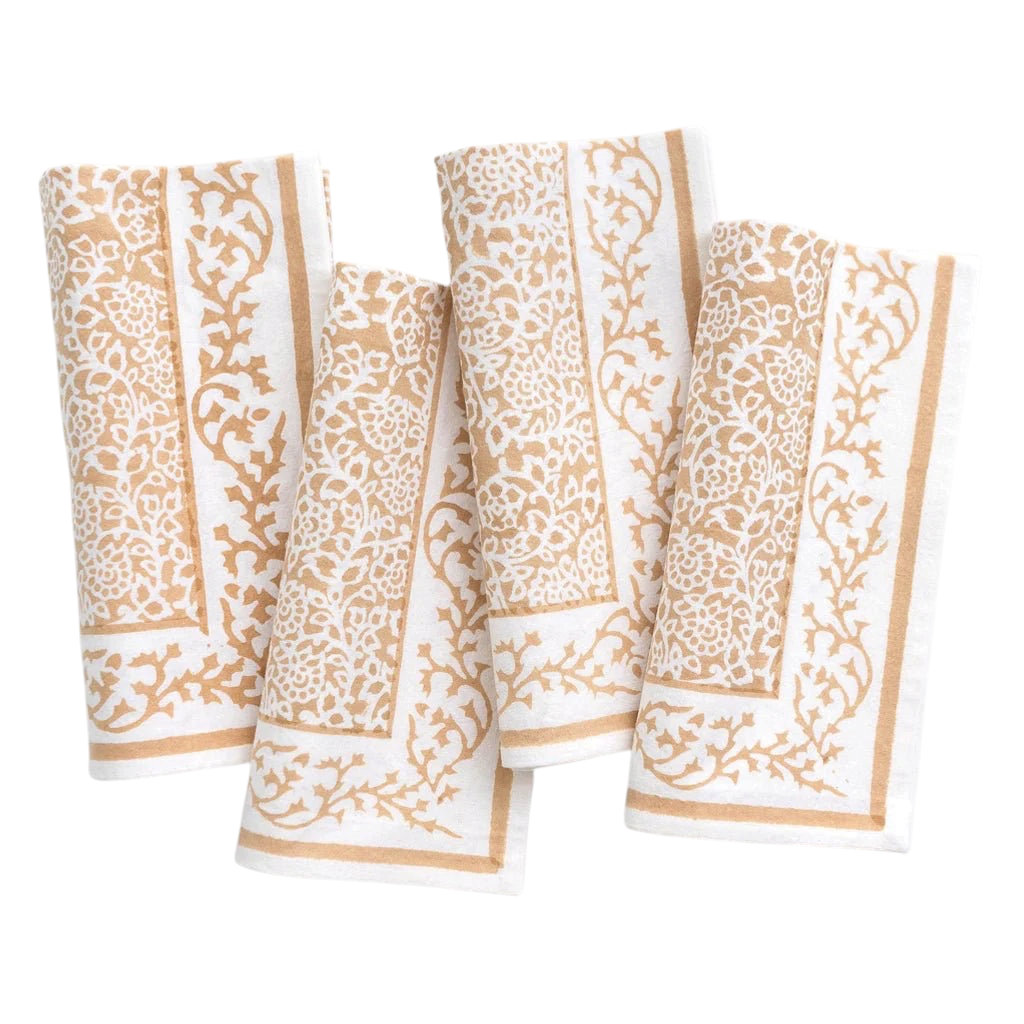 Homeport Tapestry Tuscan Wheat napkins featuring a beige and cream floral motif in a set of four folded linens.