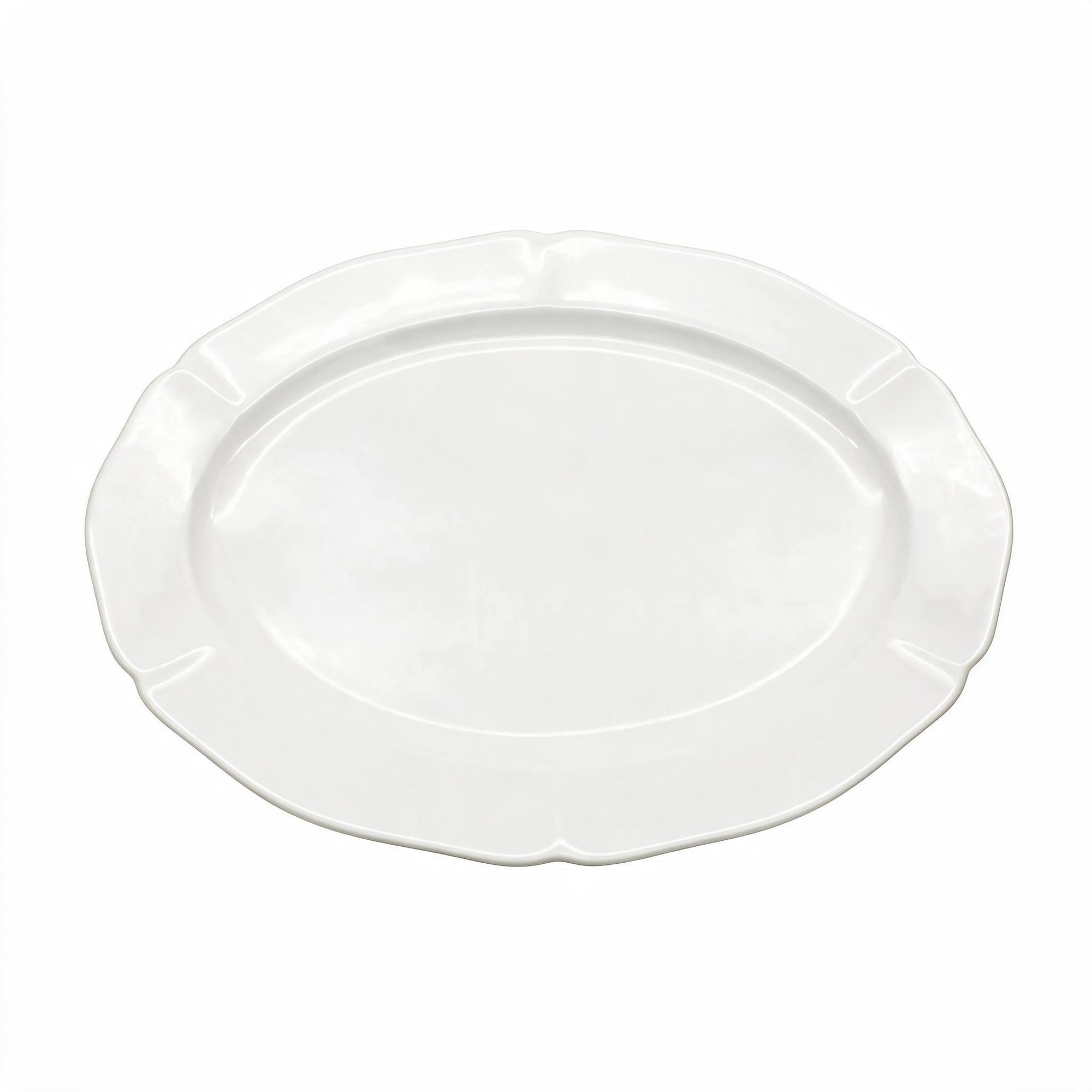 A white ceramic oval platter with a scalloped rim, shown from a top-down view on a solid white background.