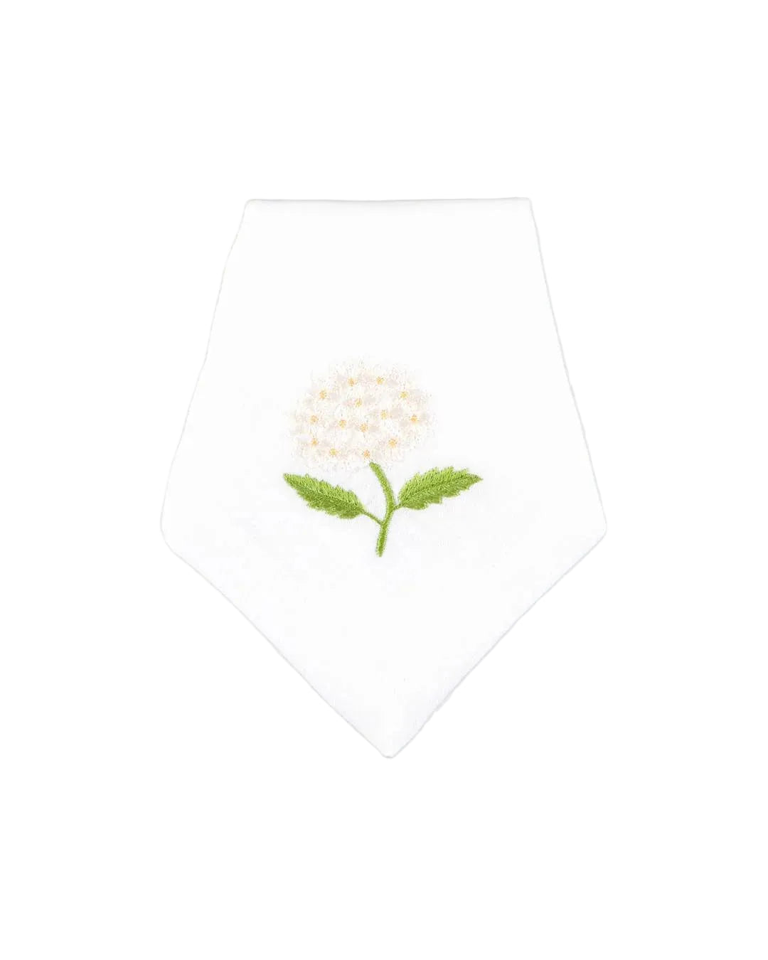 A white napkin featuring a small embroidered white flower with green leaves on a white background.