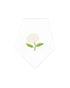 A white napkin featuring a small embroidered white flower with green leaves on a white background.