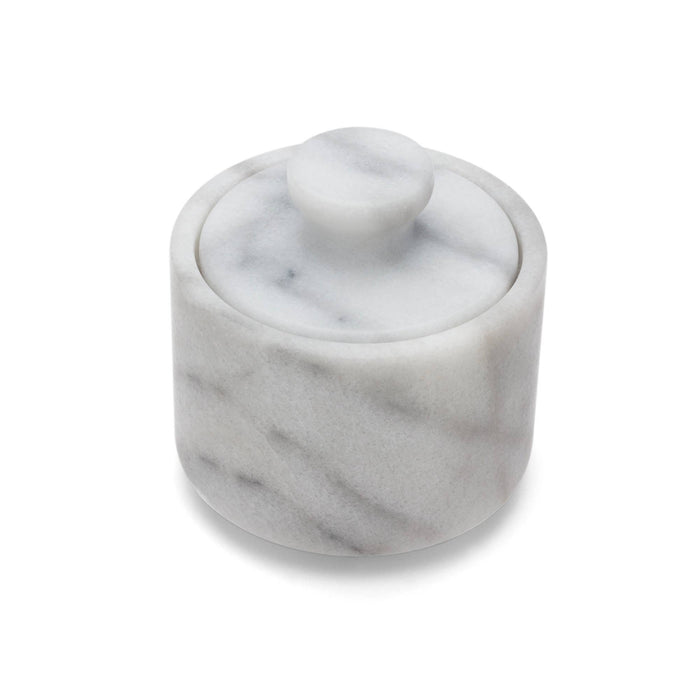 Marble-textured container with a lid on a white background