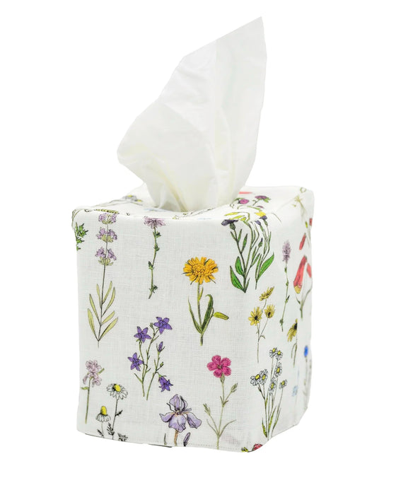 Tissue box cover with floral design on a white background