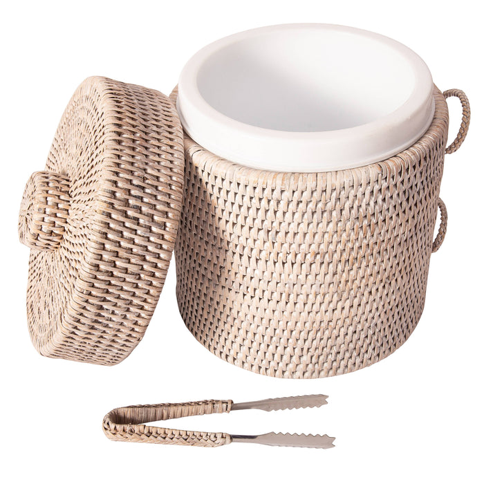 Rattan Ice Bucket with Tongs - White Wash