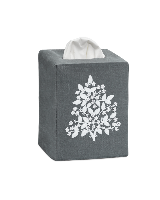 Jardin Linen Tissue Box Cover - White on Charcoal