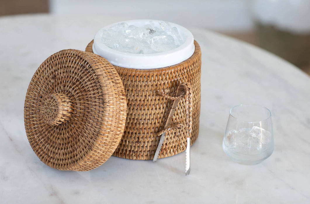 Rattan Ice Bucket with Tongs - Honey Brown