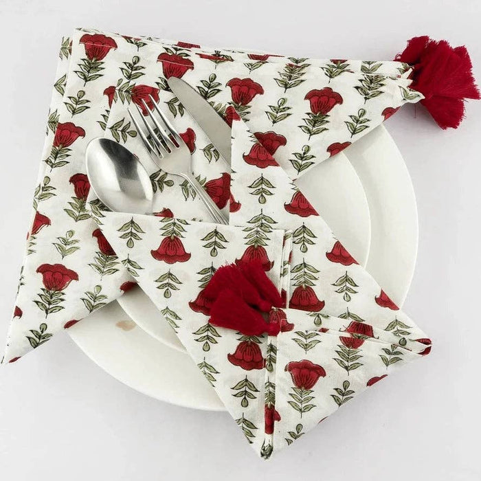 Cherry Red Tasseled Napkins Set - Set of 4