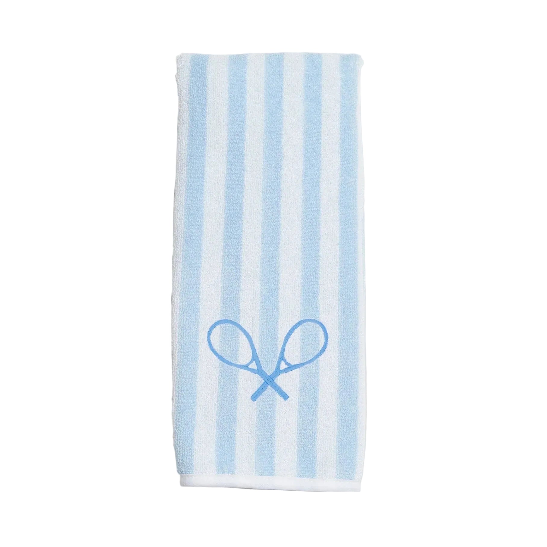 Striped towel with blue logo on a white background