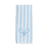 Striped towel with blue logo on a white background