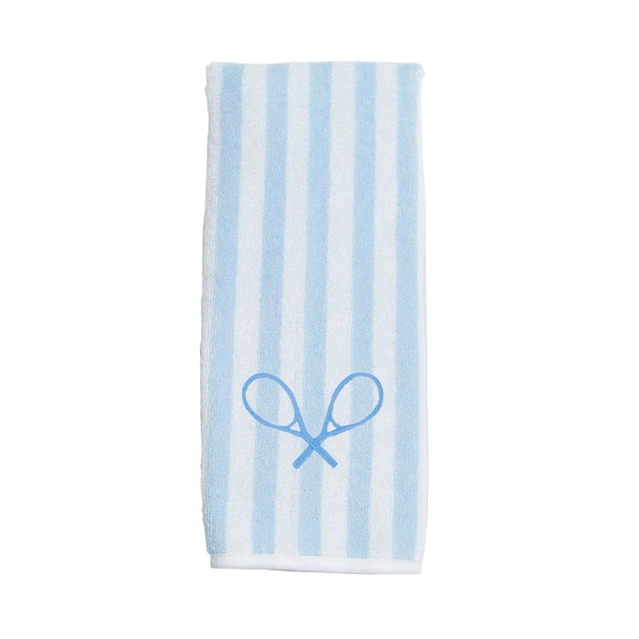 Striped towel with blue logo on a white background