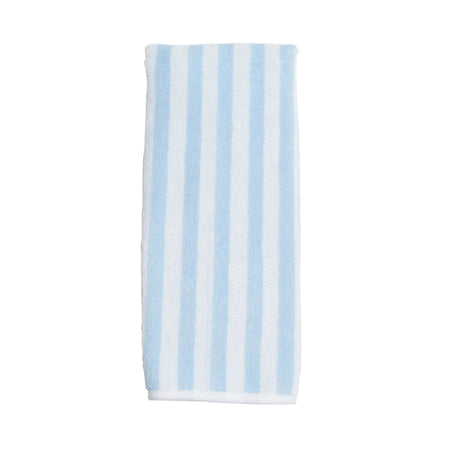 Striped towel with blue and white stripes on a white background