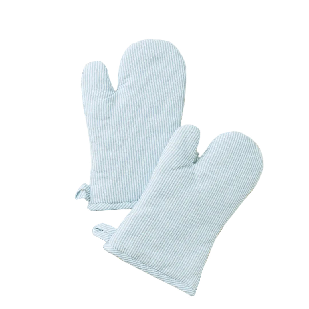 Light blue oven mitts on a white background
